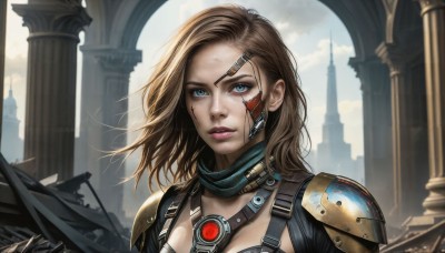 HQ,1girl,solo,long hair,breasts,looking at viewer,blue eyes,brown hair,cleavage,medium breasts,upper body,parted lips,sky,day,cloud,medium hair,scarf,armor,lips,cloudy sky,wind,shoulder armor,portrait,science fiction,realistic,nose,ruins,pillar,blonde hair,outdoors,makeup,pauldrons,shoulder pads