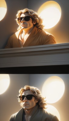 solo,blonde hair,1boy,closed mouth,upper body,comic,male focus,japanese clothes,parody,sunglasses,backlighting,meme,curly hair,realistic,light,brown hair,artist name,lips,silent comic,2koma