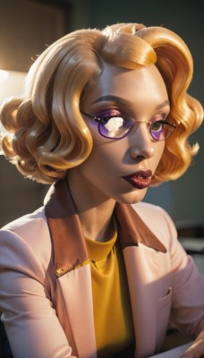 1girl,solo,looking at viewer,short hair,blonde hair,shirt,brown eyes,upper body,parted lips,glasses,indoors,blurry,lips,eyelashes,makeup,lipstick,forehead,eyeshadow,curly hair,realistic,nose,labcoat,red lips,purple eyes,jacket,artist name,blurry background,mouth hold,sunglasses