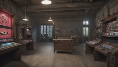 indoors,book,no humans,window,chair,table,sunlight,box,scenery,desk,wooden floor,door,clock,light,lamp,shelf,painting (object),carpet,ceiling light,wooden wall,day,fantasy,magic circle,chandelier