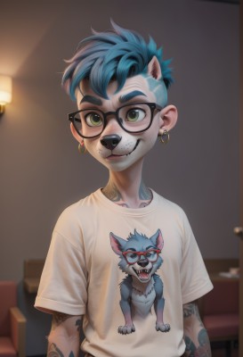 solo,looking at viewer,smile,short hair,shirt,1boy,animal ears,jewelry,green eyes,blue hair,white shirt,upper body,short sleeves,male focus,earrings,glasses,teeth,artist name,indoors,blurry,tattoo,piercing,t-shirt,ear piercing,furry,lamp,furry male,print shirt,open mouth,closed mouth,pants,blurry background,animal,fangs,chair,extra ears,personification,dog,arm tattoo