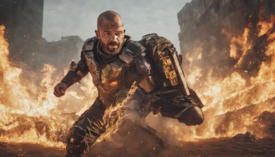 solo,gloves,1boy,holding,weapon,male focus,outdoors,pointy ears,armor,facial hair,scar,fire,beard,scar on face,smoke,science fiction,shield,realistic,scar across eye,bald,knee pads,dust,military,building,clenched hand,running,burning