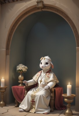 solo,long sleeves,dress,jewelry,sitting,full body,flower,barefoot,indoors,necklace,white dress,black eyes,no humans,animal,chair,table,cross,crown,white flower,furry,1other,pendant,robe,furry female,candle,cross necklace,white fur,vase,throne,candlestand,looking at viewer,hair ornament,capelet,rabbit,holding flower,furry male,white capelet,white robe,clothed animal,candlelight