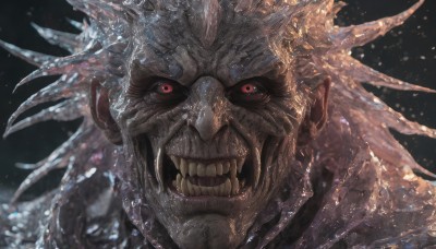 solo,looking at viewer,open mouth,simple background,red eyes,1boy,male focus,teeth,water,no humans,fangs,sharp teeth,black background,portrait,spikes,colored sclera,monster,black sclera,horns,blurry,facial hair,close-up,veins,scales