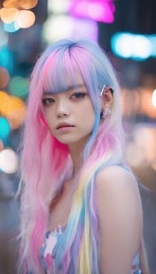 1girl,solo,long hair,looking at viewer,bangs,dress,bare shoulders,brown eyes,jewelry,closed mouth,blue hair,upper body,pink hair,multicolored hair,earrings,artist name,blunt bangs,blurry,black eyes,two-tone hair,lips,gradient hair,depth of field,blurry background,piercing,ear piercing,realistic,nose,bokeh,parted lips,sleeveless,grey eyes,eyelashes,makeup,watermark,web address