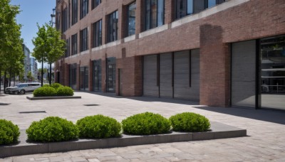 outdoors,sky,day,cloud,tree,blue sky,no humans,window,shadow,watermark,plant,ground vehicle,building,scenery,motor vehicle,city,car,road,bush,cityscape,lamppost,street,sidewalk,artist name,door,house