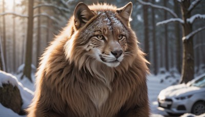 solo,brown eyes,outdoors,day,blurry,tree,no humans,depth of field,blurry background,animal,looking up,ground vehicle,nature,motor vehicle,snow,forest,snowing,realistic,car,animal focus,winter,bare tree,looking at viewer,closed mouth,yellow eyes