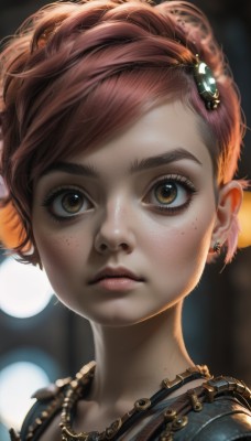 1girl,solo,looking at viewer,short hair,brown hair,hair ornament,brown eyes,jewelry,closed mouth,pink hair,earrings,necklace,orange hair,blurry,lips,eyelashes,depth of field,blurry background,portrait,close-up,freckles,realistic,nose,mascara