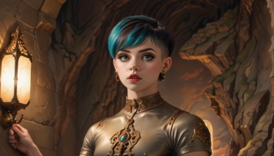 1girl,solo,breasts,looking at viewer,short hair,bangs,black hair,holding,brown eyes,jewelry,blue hair,upper body,short sleeves,multicolored hair,earrings,parted lips,two-tone hair,lips,fingernails,eyelashes,aqua hair,makeup,lipstick,gem,lantern,nose,fantasy,red lips,wall,mascara,cave,teeth,signature,nail polish,swept bangs,eyeshadow,realistic,very short hair