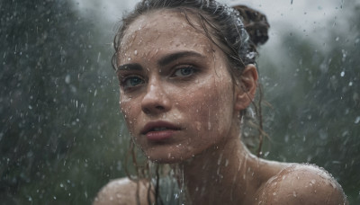 1girl, solo, looking at viewer, short hair, blue eyes, black hair, parted lips, hair bun, blurry, lips, wet, single hair bun, portrait, rain, realistic, nose, wet hair