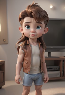 1girl,solo,long hair,looking at viewer,smile,blue eyes,brown hair,shirt,standing,jacket,white shirt,shorts,sleeveless,indoors,vest,lips,loli,short shorts,sleeveless shirt,denim,child,freckles,blue shorts,denim shorts,female child,television,open vest,brown vest,1boy,male focus,thick eyebrows,aged down,realistic,male child