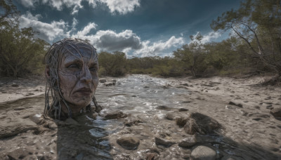 solo, 1boy, male focus, outdoors, sky, day, cloud, water, tree, cloudy sky, nature, scenery, rock, realistic, old, old man