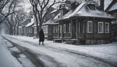 1girl,solo,standing,monochrome,greyscale,outdoors,from behind,tree,coat,window,building,scenery,snow,1other,snowing,road,bench,house,wide shot,winter,bare tree,ambiguous gender,grey theme,1boy,male focus,shadow,black coat,winter clothes,architecture