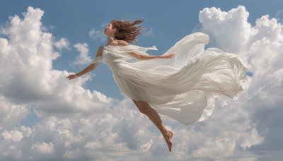 1girl, solo, long hair, brown hair, dress, outdoors, sky, barefoot, day, cloud, white dress, no humans, cloudy sky, scenery