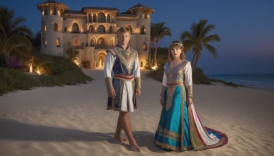 1girl,long hair,brown hair,long sleeves,1boy,dress,jewelry,standing,earrings,outdoors,multiple boys,sky,barefoot,2boys,tree,sash,night,shadow,beach,walking,sand,palm tree,arms at sides,traditional clothes,breasts,short hair,black hair,brown eyes,water,ocean,building,scenery,robe