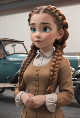 1girl,solo,long hair,breasts,blush,blue eyes,brown hair,long sleeves,dress,closed mouth,upper body,braid,small breasts,artist name,indoors,blurry,twin braids,lips,buttons,blurry background,watermark,looking away,thick eyebrows,own hands together,ground vehicle,hair over shoulder,web address,motor vehicle,forehead,freckles,nose,car,brown dress,shirt,medium breasts,depth of field,aged down,frilled sleeves,realistic,female child