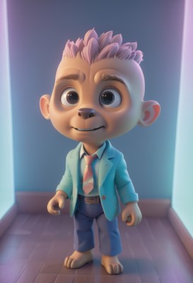 solo,looking at viewer,smile,short hair,shirt,long sleeves,1boy,animal ears,brown eyes,standing,jacket,full body,white shirt,pink hair,male focus,open clothes,necktie,barefoot,collared shirt,belt,pants,indoors,black eyes,formal,suit,blue jacket,red necktie,furry,blue pants,furry male,male child,pink necktie,brown fur,teeth,artist name,vest,watermark,mohawk