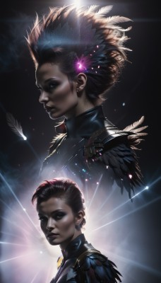 1girl,looking at viewer,short hair,brown hair,black hair,hair ornament,1boy,brown eyes,jewelry,closed mouth,upper body,flower,red hair,multicolored hair,signature,hair flower,dark skin,armor,black eyes,from side,dark-skinned female,lips,profile,makeup,multiple views,glowing,feathers,black background,shoulder armor,realistic,nose,dark background,solo,blue eyes,earrings,shiny,portrait,stud earrings,feather hair ornament,mohawk