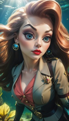 1girl,solo,long hair,breasts,looking at viewer,blue eyes,skirt,brown hair,shirt,gloves,cleavage,jewelry,medium breasts,collarbone,jacket,upper body,short sleeves,earrings,parted lips,belt,artist name,signature,water,uniform,lips,eyelashes,makeup,buttons,watermark,sunlight,thick eyebrows,lipstick,forehead,buckle,eyeshadow,freckles,fish,light rays,underwater,nose,red lips,eyeliner,sunbeam,mascara,aquarium,blonde hair,large breasts,flower,aqua eyes,floating hair,leaf,wavy hair,red shirt,web address,curly hair,superhero,gold