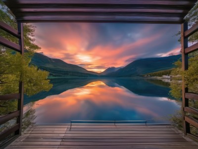 outdoors,sky,cloud,water,tree,no humans,window,sunlight,cloudy sky,building,nature,scenery,reflection,sunset,mountain,railing,sun,bridge,power lines,evening,landscape,mountainous horizon,orange sky,blue sky,grass,plant,stairs,fence,horizon,road,hill