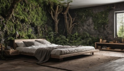 indoors,tree,pillow,book,no humans,window,bed,on bed,table,plant,nature,scenery,forest,blanket,potted plant,bedroom,day,bottle,box,wooden floor,basket,wall,shelf,drawer,rug,cabinet,log