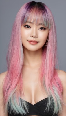 1girl,solo,long hair,breasts,looking at viewer,smile,bangs,simple background,cleavage,bare shoulders,brown eyes,jewelry,medium breasts,closed mouth,underwear,swimsuit,upper body,pink hair,bikini,multicolored hair,earrings,grey background,bra,black eyes,two-tone hair,lips,head tilt,gradient hair,makeup,black bra,realistic,lipstick