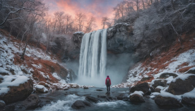 solo, standing, boots, outdoors, sky, cloud, water, from behind, tree, nature, scenery, snow, rock, wide shot, winter, bare tree, waterfall, ambiguous gender