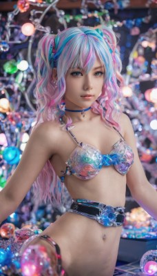 1girl,solo,long hair,breasts,looking at viewer,bangs,blue eyes,navel,twintails,jewelry,underwear,blue hair,panties,swimsuit,pink hair,bikini,multicolored hair,small breasts,parted lips,choker,belt,bra,blurry,two-tone hair,lips,grey eyes,blurry background,piercing,underwear only,lingerie,christmas,realistic,navel piercing,christmas tree,christmas ornaments,christmas lights,earrings,artist name,signature,necklace,streaked hair,watermark,web address