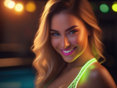 1girl,solo,long hair,looking at viewer,smile,blue eyes,blonde hair,brown hair,bare shoulders,teeth,grin,blurry,dark-skinned female,lips,makeup,blurry background,wavy hair,tank top,lipstick,portrait,realistic,nose,brown eyes,upper body,artist name