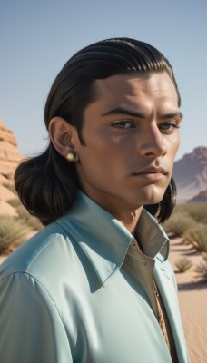 solo,looking at viewer,shirt,black hair,1boy,brown eyes,jewelry,closed mouth,white shirt,upper body,male focus,earrings,outdoors,sky,day,collared shirt,dark skin,medium hair,hair bun,mole,blurry,blue sky,lips,blurry background,freckles,realistic,nose,desert,1girl,jacket,dark-skinned female,scar,portrait