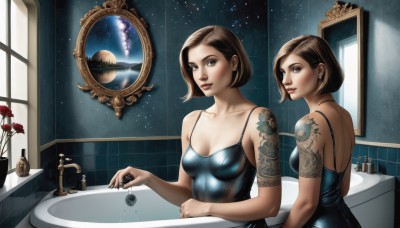 1girl,solo,breasts,looking at viewer,short hair,blue eyes,brown hair,cleavage,bare shoulders,jewelry,medium breasts,upper body,flower,earrings,indoors,lips,window,tattoo,makeup,rose,star (sky),camisole,reflection,mirror,spaghetti strap,arm tattoo,shoulder tattoo,bathroom,bathtub,sink,back tattoo,faucet,different reflection,looking at mirror,dress,brown eyes,nail polish,black dress,multiple views,night,red flower,black nails,red rose,flower tattoo