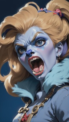 1girl,solo,long hair,looking at viewer,open mouth,blue eyes,blonde hair,hair ornament,jewelry,jacket,upper body,ponytail,earrings,teeth,tongue,necklace,lips,fur trim,eyelashes,makeup,colored skin,fangs,blue background,denim,sharp teeth,lipstick,portrait,genderswap,genderswap (mtf),eyeshadow,fur collar,nose,blue skin,red lips,stud earrings,eyeliner,alien,mascara,denim jacket,blush,bangs,simple background,ribbon,tears,thick eyebrows,facepaint