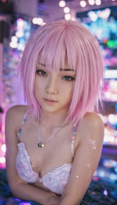 1girl,solo,breasts,looking at viewer,short hair,bangs,cleavage,jewelry,medium breasts,underwear,green eyes,collarbone,swimsuit,upper body,pink hair,small breasts,parted lips,artist name,medium hair,necklace,bra,blurry,lips,grey eyes,blurry background,crossed arms,white bra,realistic,bare shoulders,closed mouth,bikini,outdoors,wet,bare arms,eyelashes,tattoo,night,depth of field,watermark,white bikini,water drop,nose,bokeh