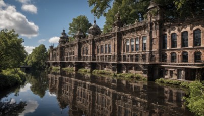 outdoors,sky,day,cloud,signature,water,tree,blue sky,no humans,window,cloudy sky,building,scenery,reflection,fantasy,ruins,bridge,arch,overgrown,architecture