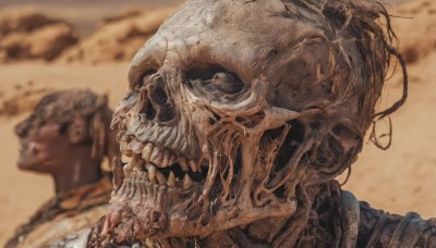 solo,open mouth,1boy,male focus,outdoors,teeth,blurry,from side,no humans,blurry background,sharp teeth,portrait,1other,skull,monster,realistic,sand,skeleton,alien,desert,armor,profile,colored sclera,veins,black sclera,horror (theme)