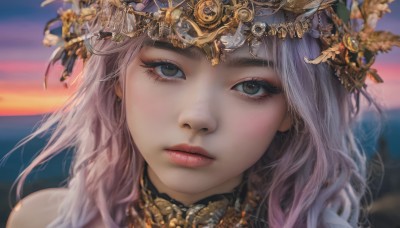 1girl,solo,long hair,looking at viewer,bangs,hair ornament,brown eyes,jewelry,closed mouth,grey hair,outdoors,sky,blurry,lips,grey eyes,eyelashes,makeup,depth of field,blurry background,expressionless,gem,portrait,close-up,sunset,realistic,red lips,straight-on,head chain,bare shoulders,pink hair,cloud,ocean,feathers,headdress,twilight,gold