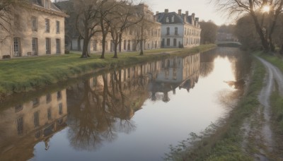 outdoors,sky,day,water,tree,no humans,window,grass,building,nature,scenery,reflection,fantasy,house,bridge,lamppost,bare tree,river,lake,reflective water,road,bush,landscape,path