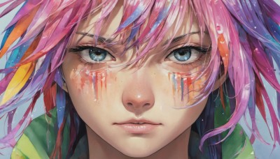 1girl,solo,looking at viewer,bangs,blue eyes,hair between eyes,closed mouth,blue hair,pink hair,multicolored hair,orange hair,lips,eyelashes,blue background,facial mark,portrait,close-up,freckles,realistic,nose,eye focus,long hair,1boy,male focus,straight-on