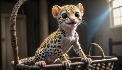 HQ,solo,looking at viewer,smile,open mouth,blue eyes,indoors,blurry,no humans,window,depth of field,blurry background,animal,fangs,sunlight,cat,claws,light rays,realistic,basket,animal focus,whiskers,teeth,watermark