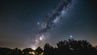 outdoors,sky,cloud,tree,no humans,night,star (sky),nature,night sky,scenery,forest,starry sky,shooting star,milky way