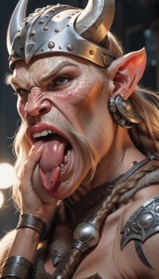 1girl,solo,long hair,looking at viewer,open mouth,blue eyes,blonde hair,1boy,jewelry,braid,male focus,earrings,horns,teeth,tongue,pointy ears,tongue out,necklace,armor,grey eyes,tattoo,facial hair,fangs,piercing,helmet,portrait,beard,veins,realistic,nose,fake horns,artist name,ear piercing,licking,manly,nose piercing,horned helmet