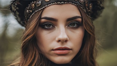 1girl,solo,long hair,looking at viewer,brown hair,hat,brown eyes,parted lips,blurry,lips,eyelashes,depth of field,blurry background,portrait,close-up,freckles,realistic,nose,closed mouth,black headwear,thick eyebrows