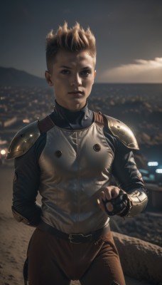 1girl,solo,looking at viewer,short hair,blonde hair,brown hair,gloves,brown eyes,jewelry,cowboy shot,earrings,outdoors,parted lips,sky,black gloves,belt,pants,fingerless gloves,armor,blurry,lips,night,blurry background,shoulder armor,arm behind back,pauldrons,breastplate,realistic,nose,stud earrings,very short hair,shoulder pads,blue eyes,1boy,closed mouth,standing,male focus,bodysuit,arms behind back,spiked hair,night sky,superhero,city lights