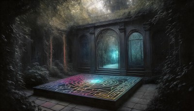 HQ,indoors,tree,dutch angle,no humans,window,sunlight,plant,nature,scenery,forest,light rays,fantasy,door,light,magic circle,tile floor,pillar,arch,column,light particles,stairs,magic