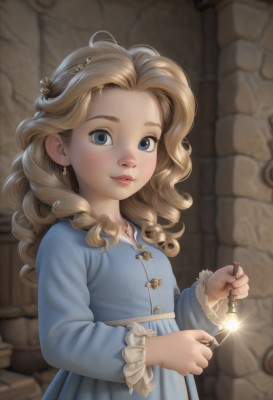 1girl,solo,long hair,looking at viewer,blush,smile,blue eyes,blonde hair,hair ornament,long sleeves,dress,holding,jewelry,closed mouth,upper body,earrings,necklace,blurry,flat chest,lips,blue dress,child,forehead,freckles,curly hair,glint,wand,female child,parted lips,artist name,blurry background,drill hair,frilled sleeves,candle,stone wall,sparkler