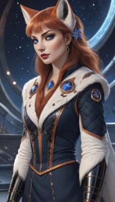 1girl,solo,long hair,looking at viewer,blue eyes,brown hair,hair ornament,dress,animal ears,jewelry,earrings,orange hair,mole,lips,fur trim,fox ears,makeup,lipstick,gauntlets,gem,eyeshadow,freckles,red lips,space,breasts,bangs,medium breasts,closed mouth,red hair,artist name,cape,wolf ears