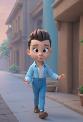 solo,looking at viewer,smile,short hair,brown hair,shirt,long sleeves,1boy,brown eyes,jacket,full body,white shirt,flower,male focus,outdoors,shoes,collared shirt,belt,pants,blurry,blurry background,brown footwear,plant,blue jacket,building,child,walking,blue pants,potted plant,male child,house,open mouth,black hair,sky,artist name,signature,suspenders,overalls,flower pot,town