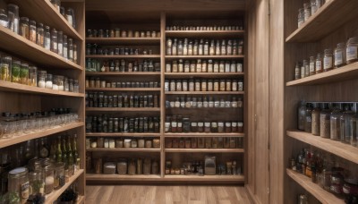 indoors,cup,no humans,bottle,scenery,alcohol,drinking glass,wooden floor,stool,shelf,wine bottle,jar,bar (place),counter,barrel,wine glass,wine