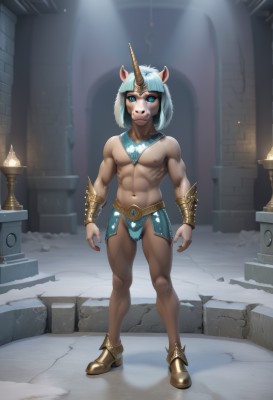 solo,looking at viewer,blue eyes,1boy,navel,animal ears,jewelry,nipples,blue hair,standing,full body,white hair,male focus,horns,dark skin,muscular,abs,pectorals,furry,single horn,bulge,topless male,bracer,furry male,genderswap (ftm),bangs,closed mouth,boots,artist name,indoors,armor,mask,muscular male,bara,stairs,vambraces,light