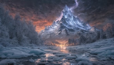 outdoors,sky,cloud,water,tree,no humans,night,cloudy sky,fire,star (sky),nature,night sky,scenery,snow,forest,starry sky,reflection,sunset,ice,snowing,mountain,winter,bare tree,river,landscape,mountainous horizon,pine tree,rock,lightning,frozen